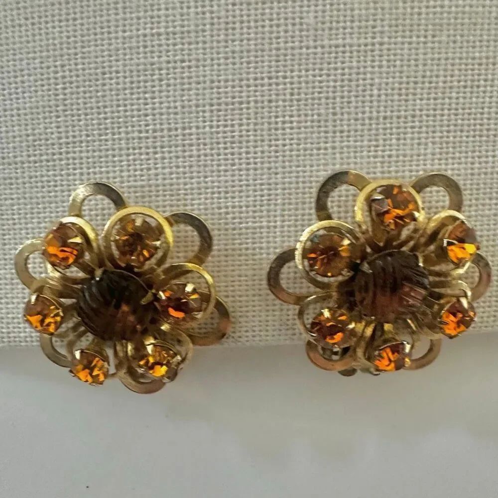 Vintage Amber Rhinestone Flower Clip-On Earrings